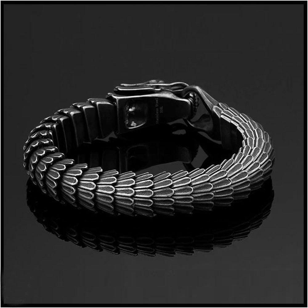 Bracelet Homme Cuir Noir Avec Tête De Dragon - Fermoir Acier, 20cm