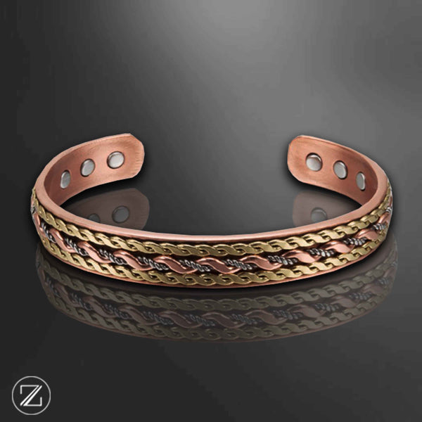 bracelet magnétique en cuivre pur, combine la puissance de ses 6 aimants aux vertus apaisantes et ses propriétés anti-inflammatoires du cuivre.