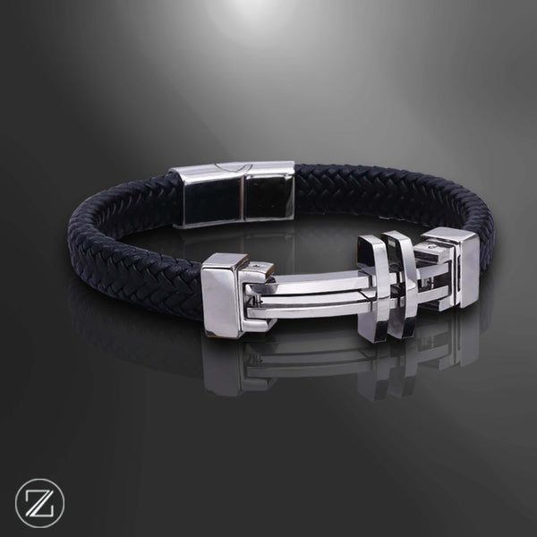 Bracelet Luxe en Cuir Noir & Croix en Titane