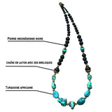 Collier en pierre indonésienne noire et pierre turquoise africaine
